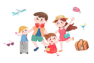 旅游季全家出行度假卡通人物插畫(huà)素材